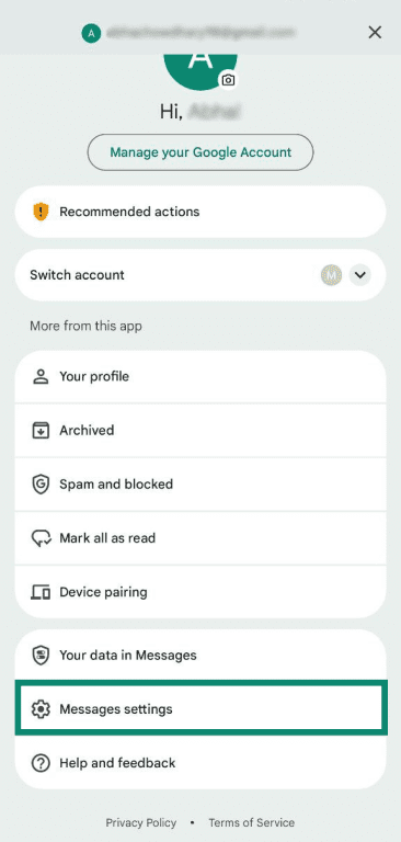 Google Messages menu with Message settings highlighted.