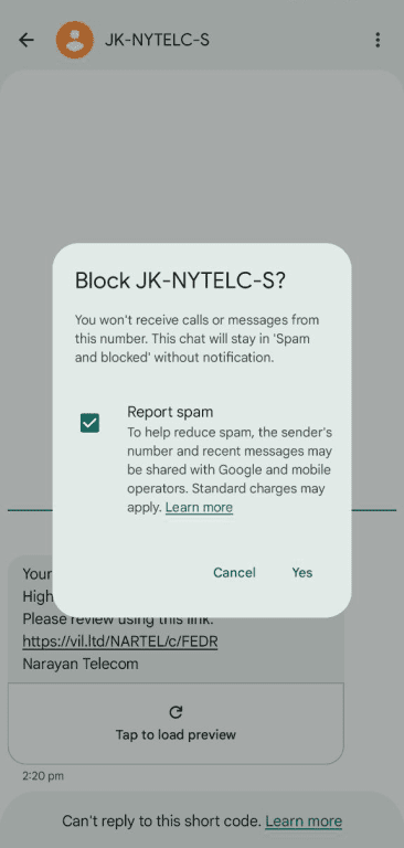Block confirmation dialog with Report spam checked.
