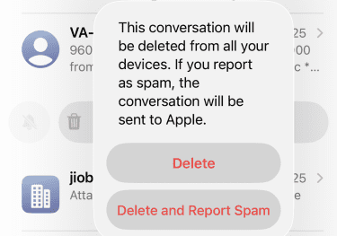 iPhone spam report dialog with Delete and Delete and Report Spam options.