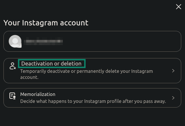 "Deactivation or deletion" option highlighted in the Instagram account settings.