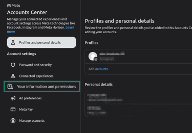 "Your information and permissions" option highlighted in the Meta Accounts Center.