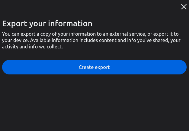 "Create export" option highlighted in the Meta Accounts Center.