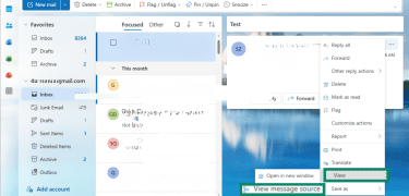 The menu window is open in the Outlook email app, View and View message source are highlighted.