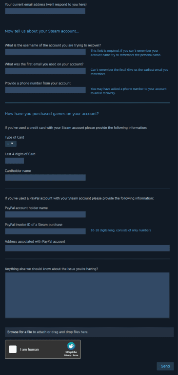 Steam support form for account recovery without access to a linked email or phone number.