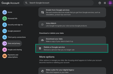 Where to delete Google services from an account.