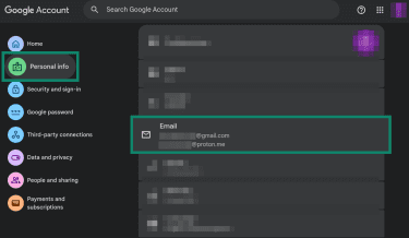 Where to find primary, recovery, and alternate email addresses for a Google account.