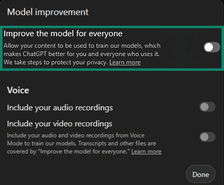 ChatGPT Model improvement settings with Improve the model for everyone toggle highlighted.
