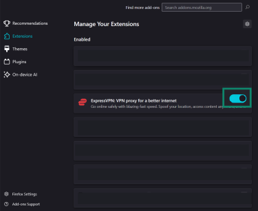 A screenshot of the Firefox extensions page, showing the option to disable the ExpressVPN extension.