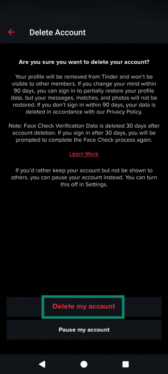 The Android Tinder account deletion confirmation menu, highlighting the final confirmation.