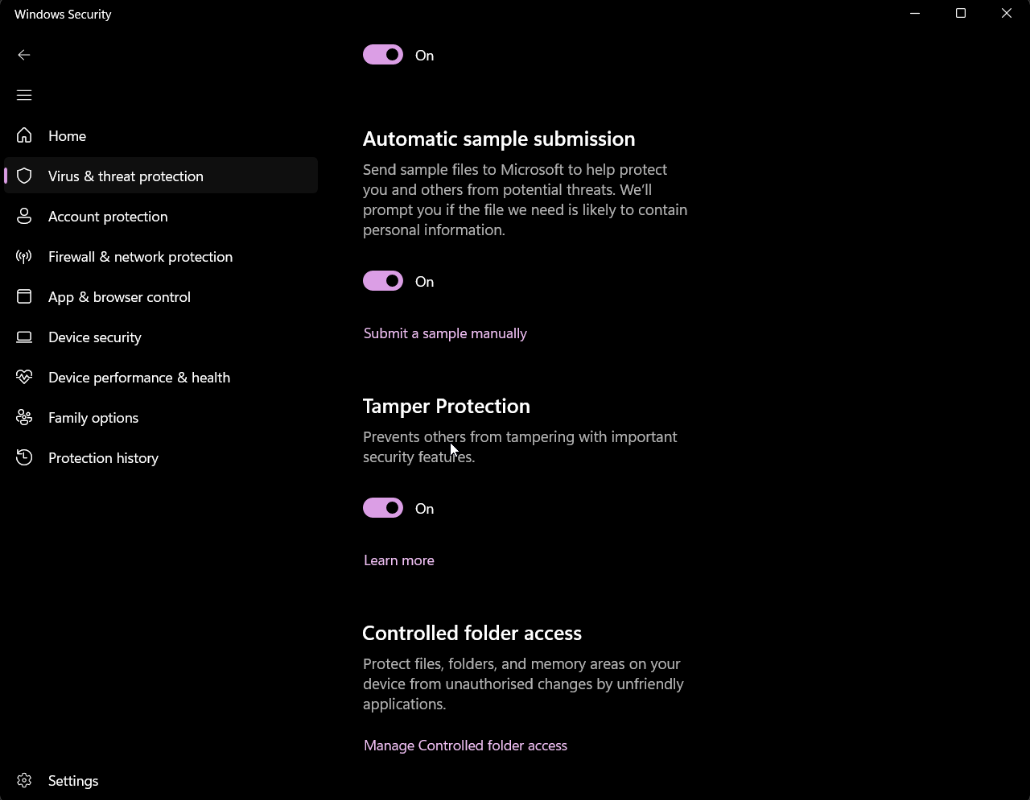 Windows Security settings showing Tamper Protection and Automatic sample submission enabled.