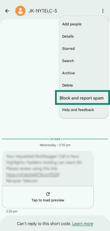 Message options menu showing Block and report spam highlighted.