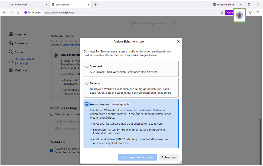 Tor browser Privacy & Security settings window with the Safest security level highlighted.