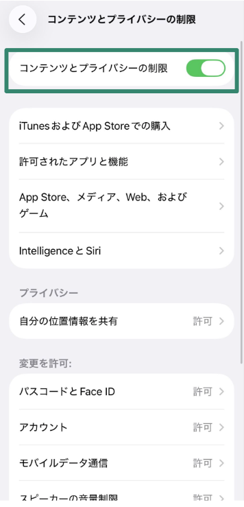 iOS screen showing Content & Privacy Restrictions toggled on.