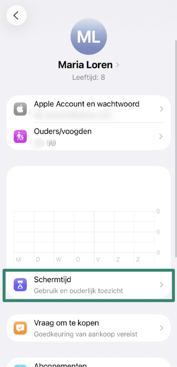 Screen Time menu opened under child’s account on iPhone.