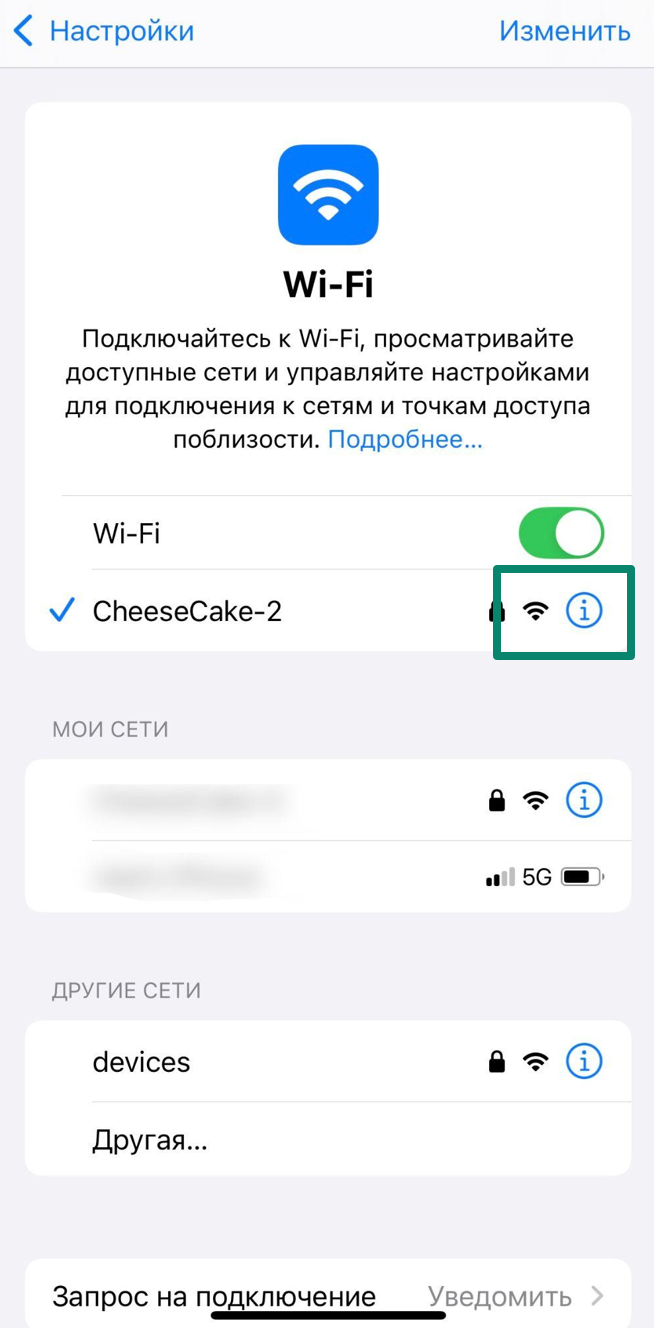iPhone WiFi menu displaying connected network details