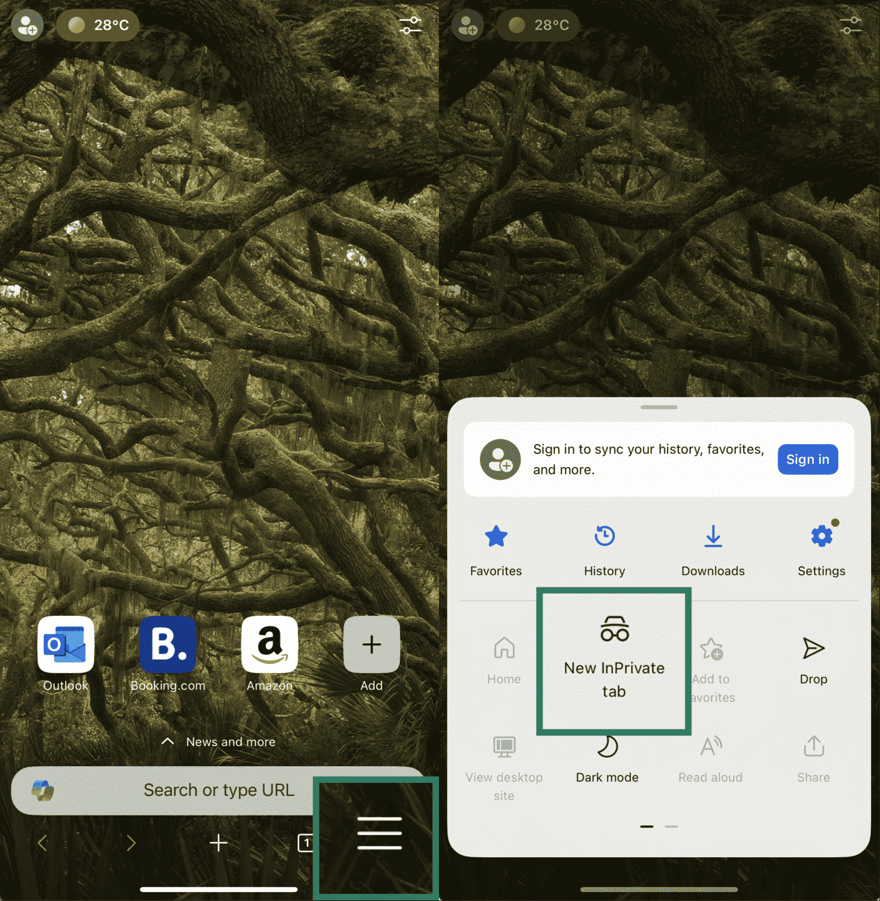 Two side-by-side screenshots of the Microsoft Edge app on mobile. The left screenshot highlights the tabs icon at the bottom of the screen. The right screenshot shows the 