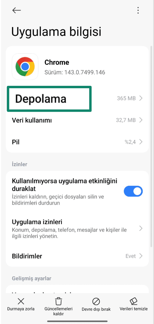 App info screen for Chrome on Android with Storage option highlighted.