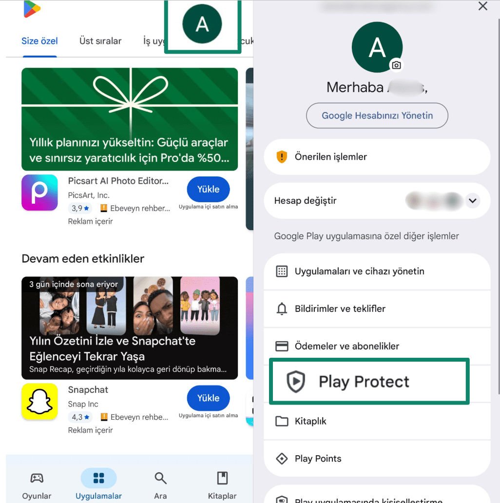 Opening Play Protect from Google Play Store profile menu.