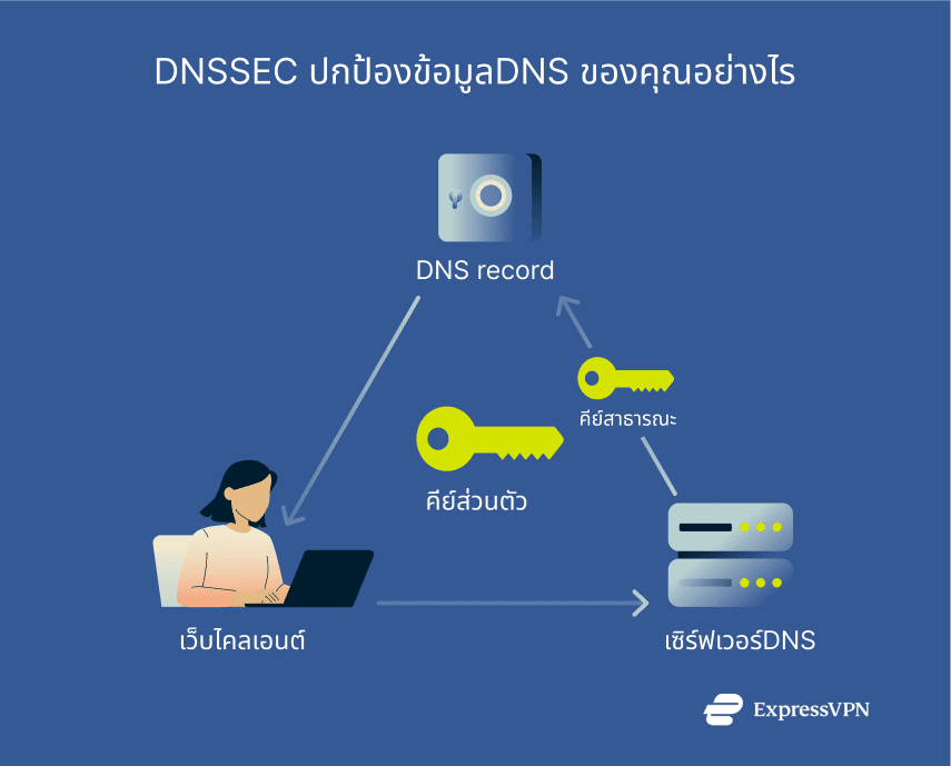 How DNSSEC uses a combination of private and public keys to verify DNS records' legitimacy.