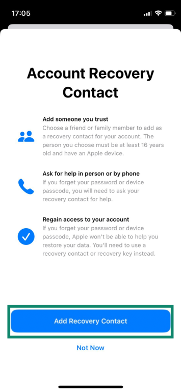 Adding the Advanced Data Protection recovery contacts on an iPhone.