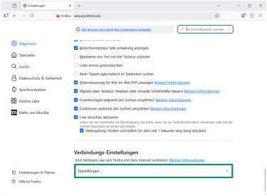 The Firefox Settings menu scrolled down to the bottom, with Network Settings highlighted.