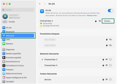 MacOS Network settings page with the Network option and the Details button highlighted