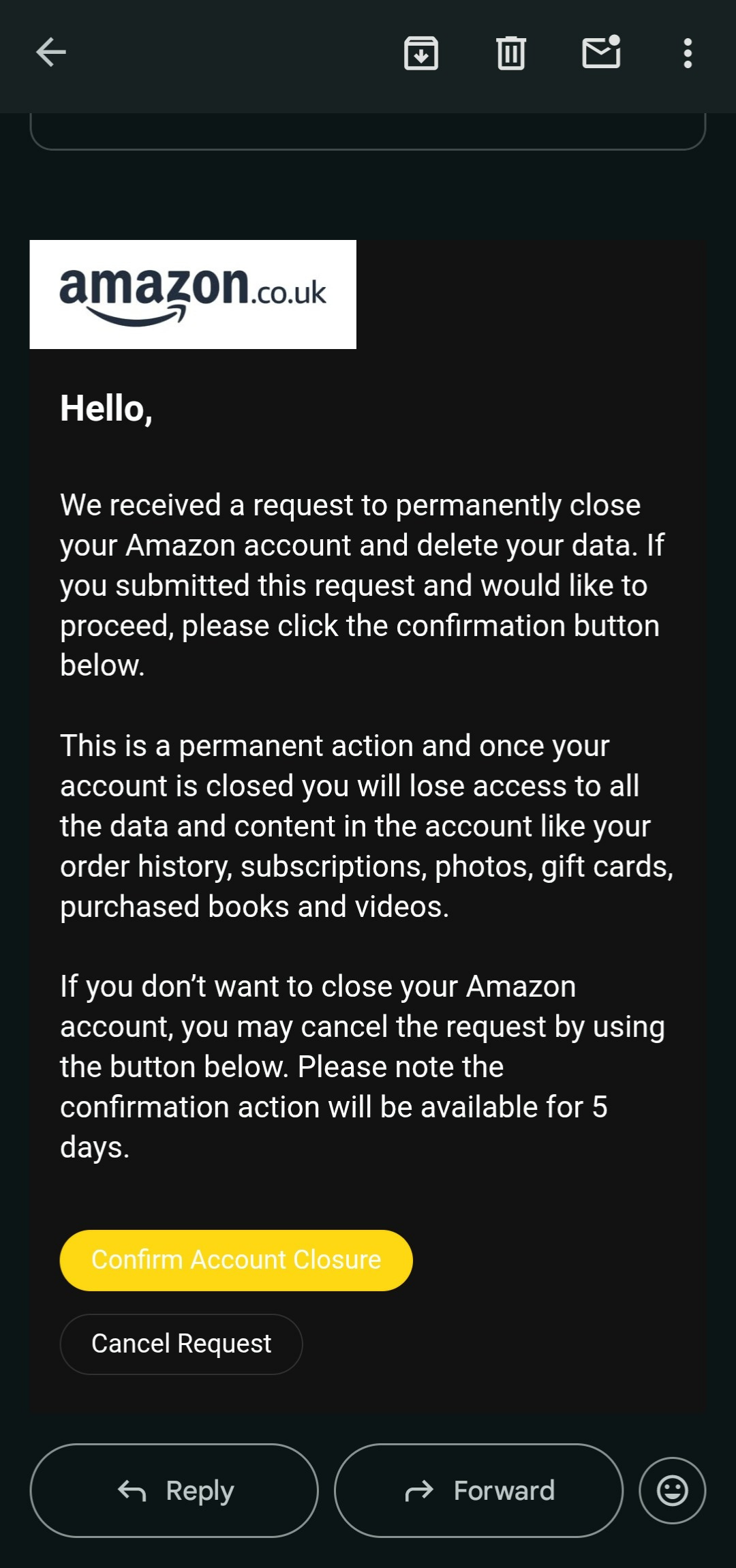 Amazon account deletion confirmation email received on mobile email app.