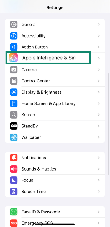 Apple Intelligence & Siri setting on iOS.