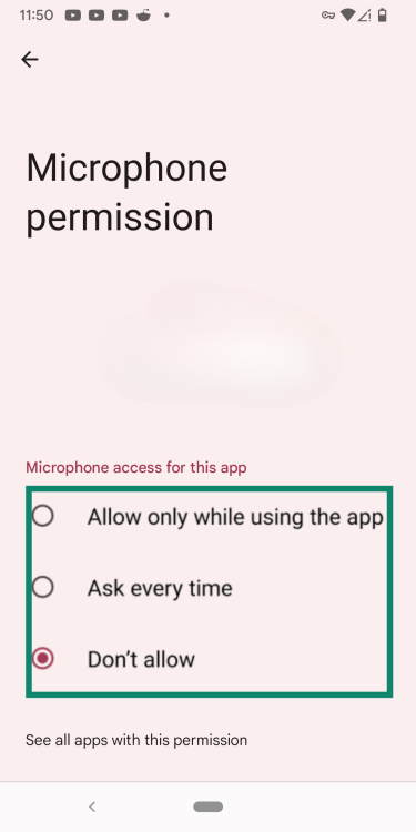 Toggling off microphone permissions for an app on Android.