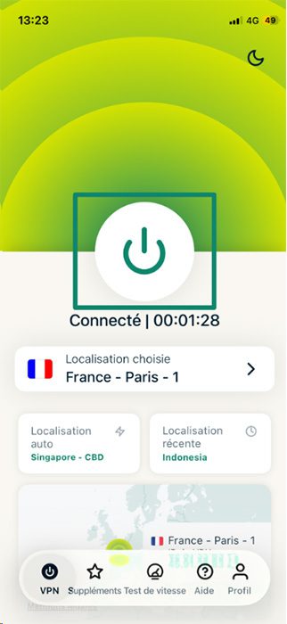 ExpressVPN's home manu with an active connection.