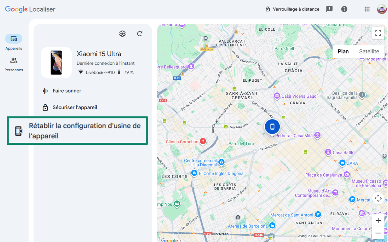 Google's Find My Device dashboard, highlighting the menu option to ‘Factory reset device’ for a lost Android phone.