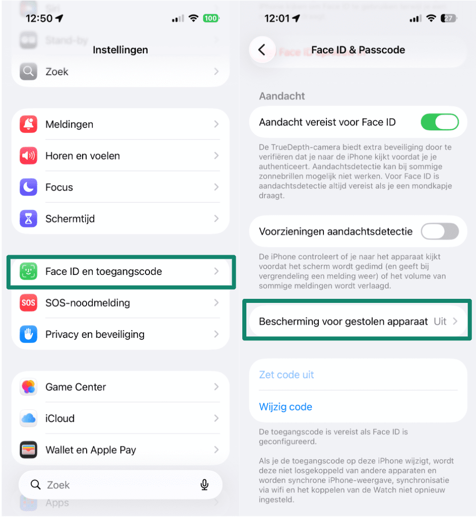Two side-by-side screenshots of iPhone Settings. The left screenshot highlights 