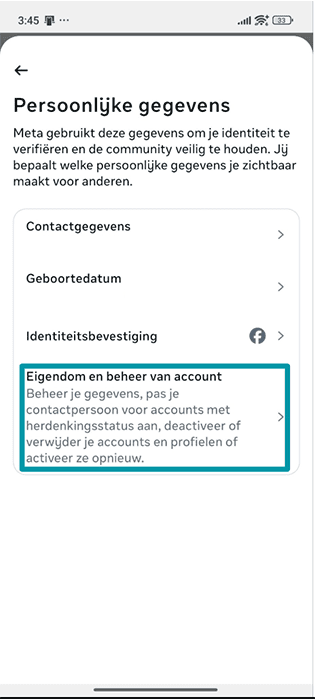 Facebook Android app Personal details settings with Account ownership and control highlighted.