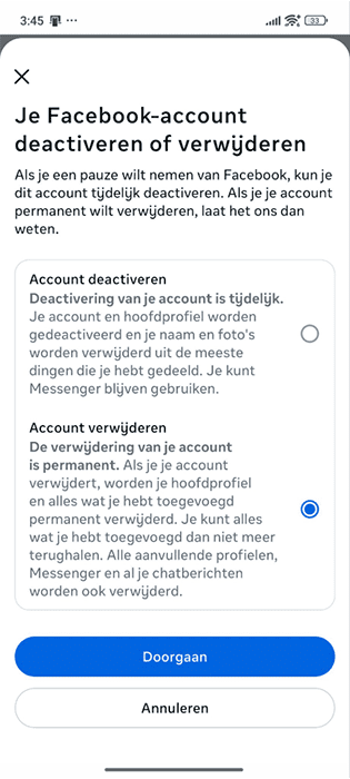 Facebook Android app selection screen for deactivating or deleting your Facebook account.
