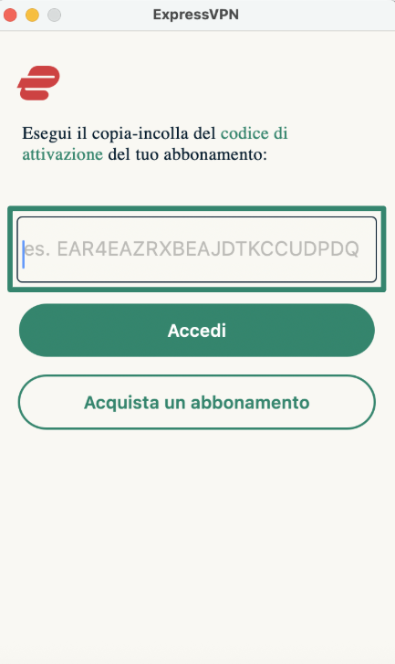 Logging into ExpressVPN on macOS using activation code.