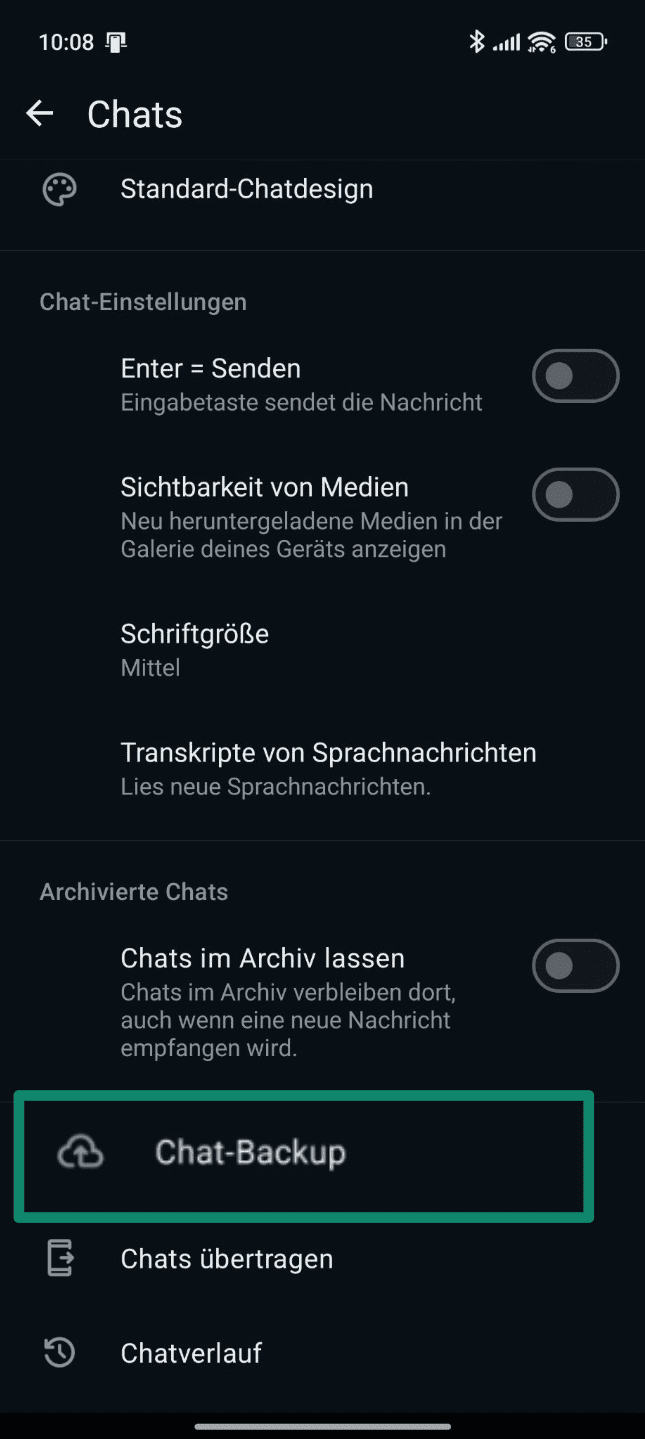 WhatsApp Chats settings screen with Chat backup option highlighted