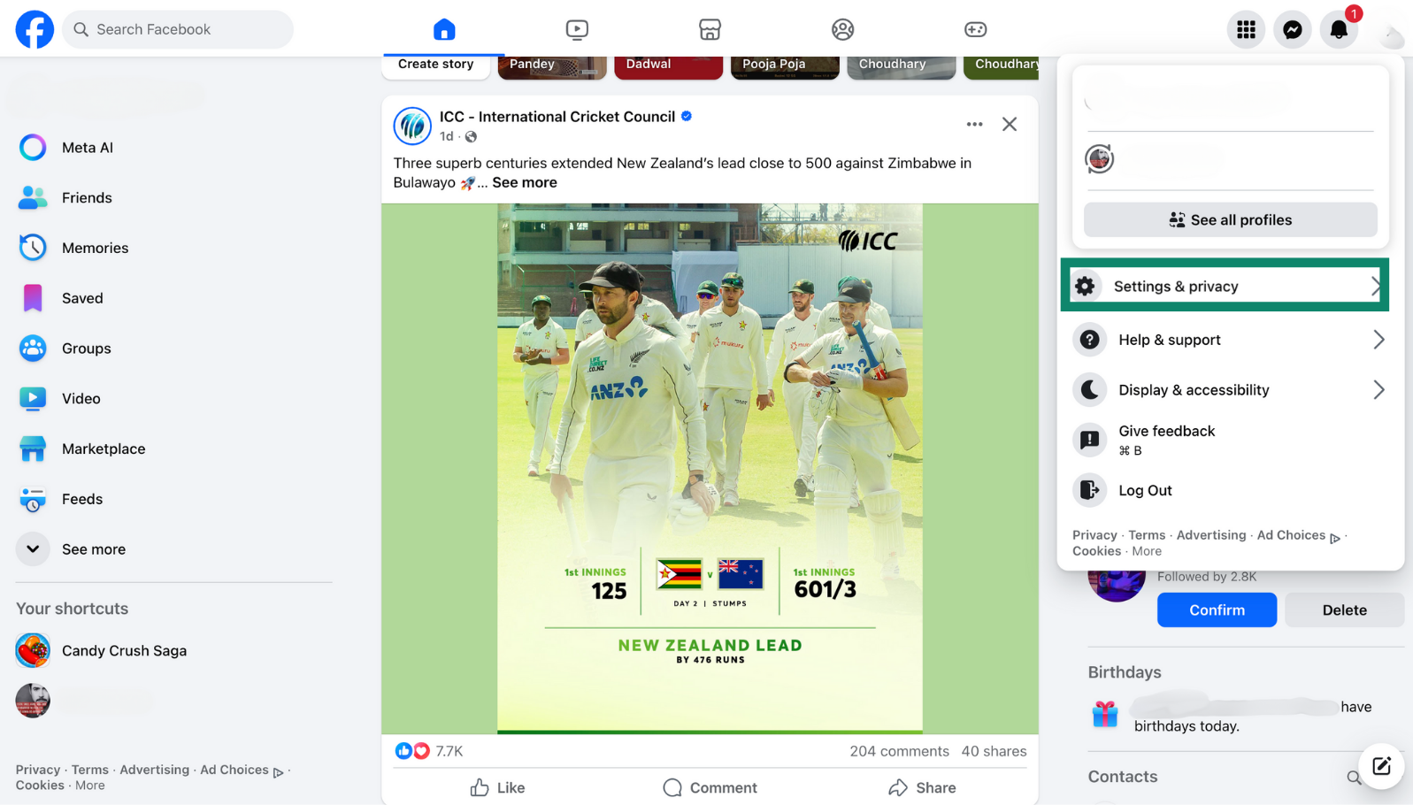 Facebook homepage with the profile icon menu open and Settings & privacy selected.