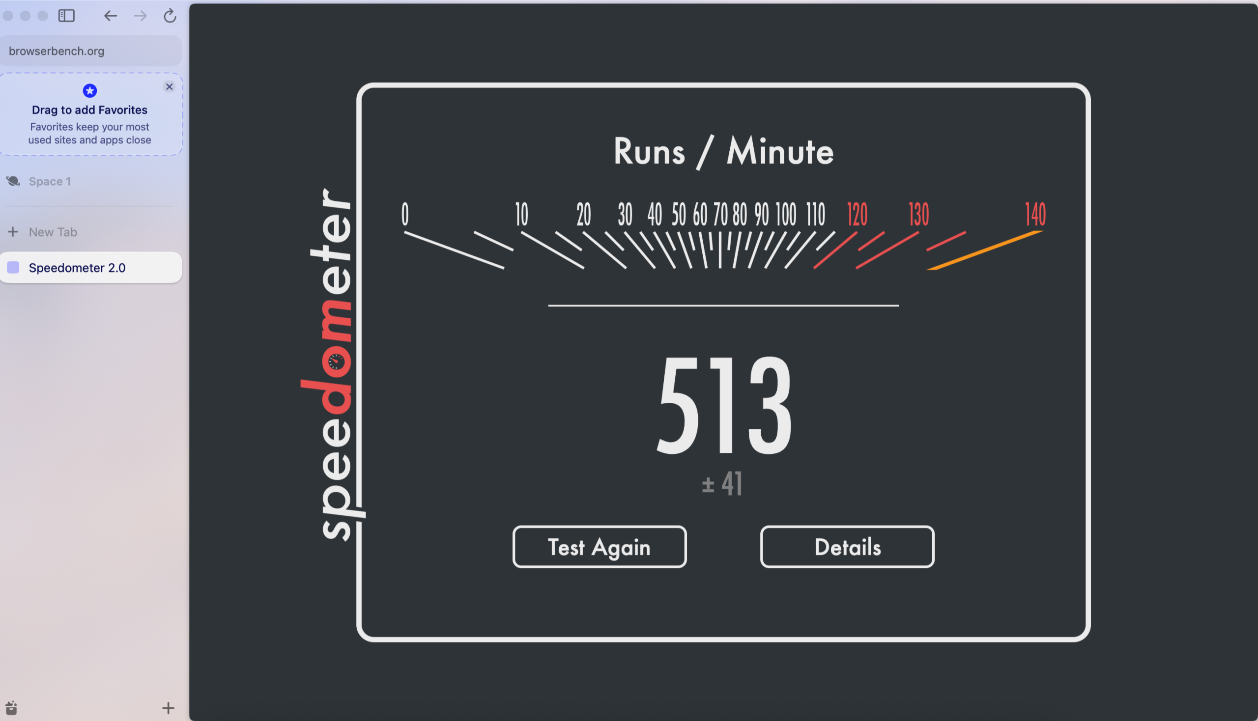 Speedometer 2.0 benchmark result showing Arc browser performance score.