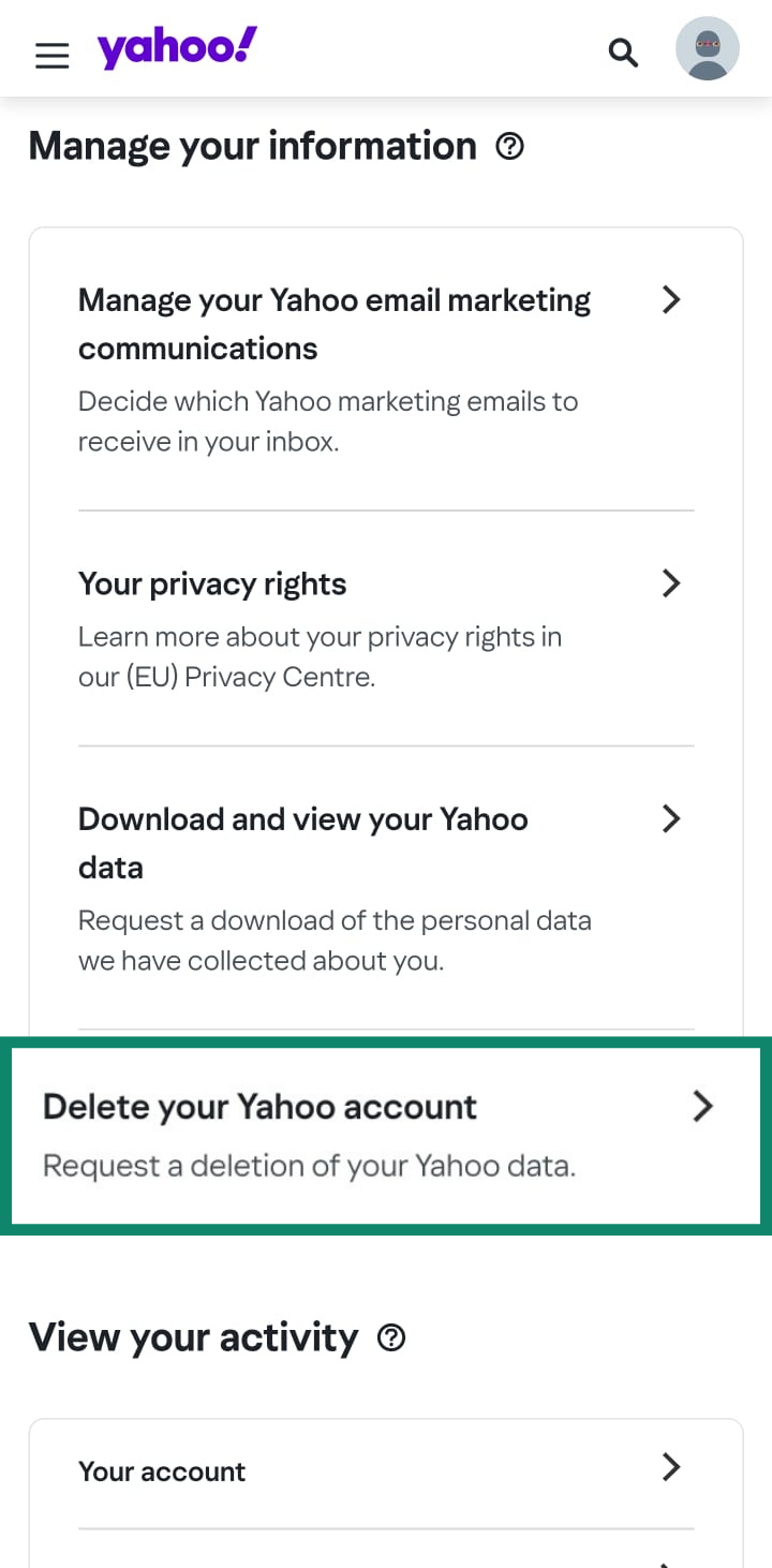 The Yahoo Manage your information screen, with the Delete your Yahoo account option highlighted.