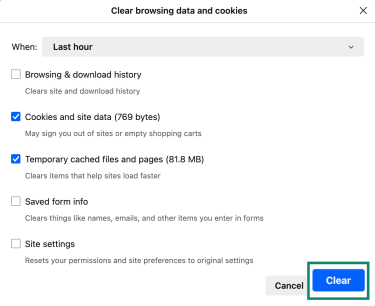 Firefox clear data window with Clear button highlighted