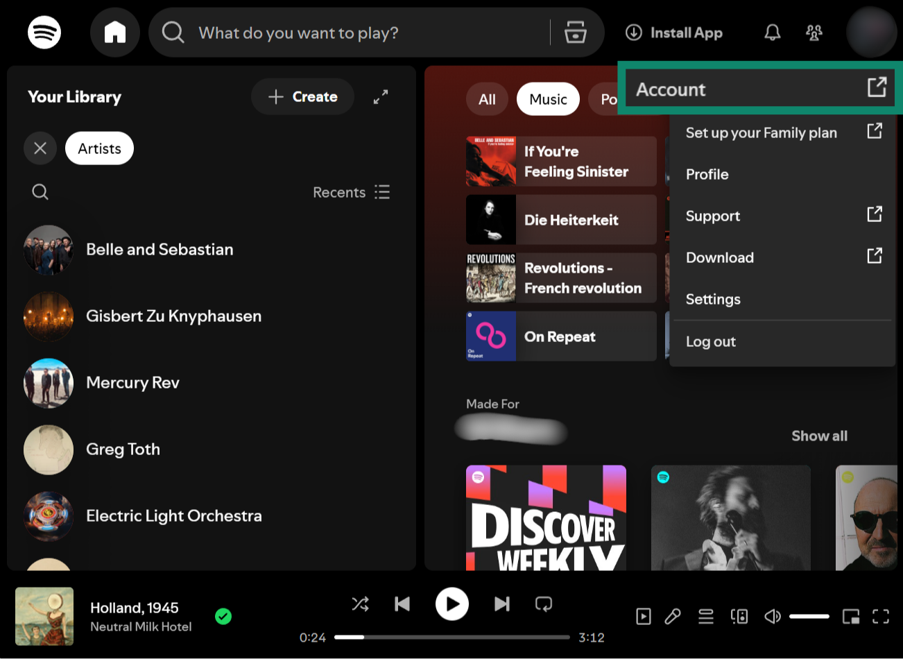 An image of the browser version of Spotify with the link to the user's account page highlighted.