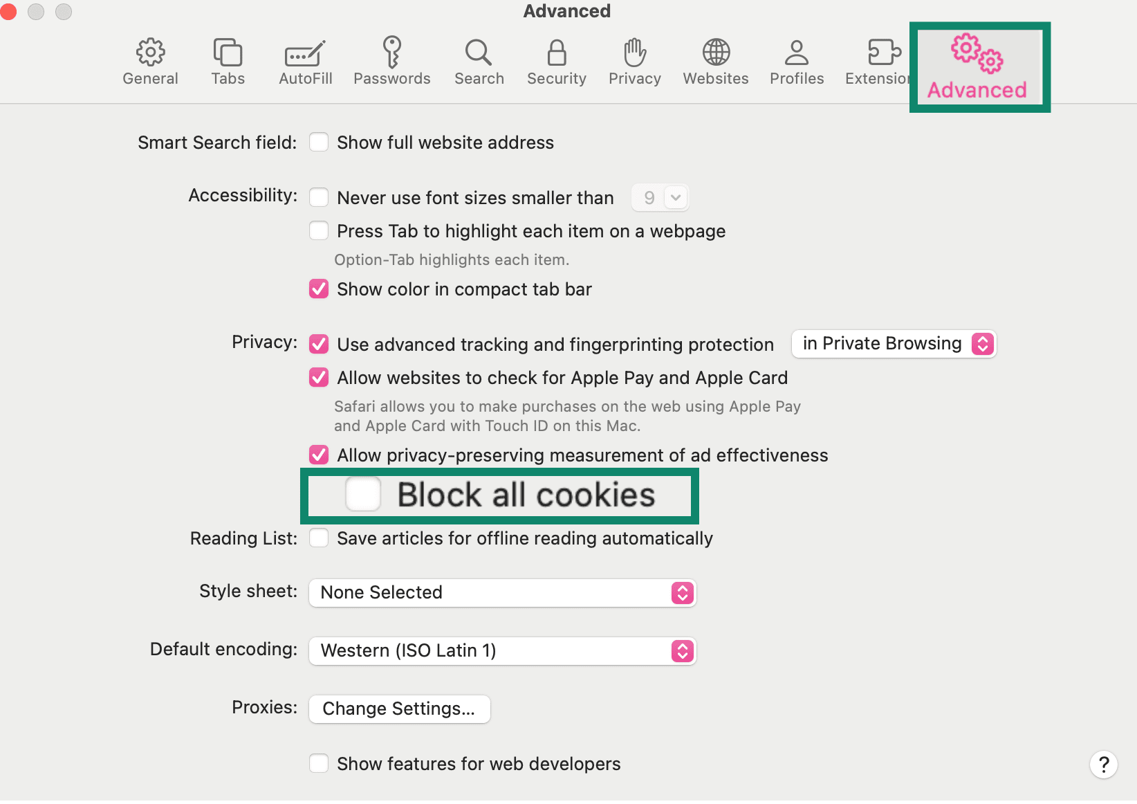 Safari Advanced settings with Block all cookies option.
