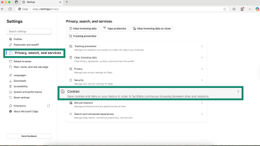 Microsoft Edge privacy settings highlighting Privacy, search, and services.