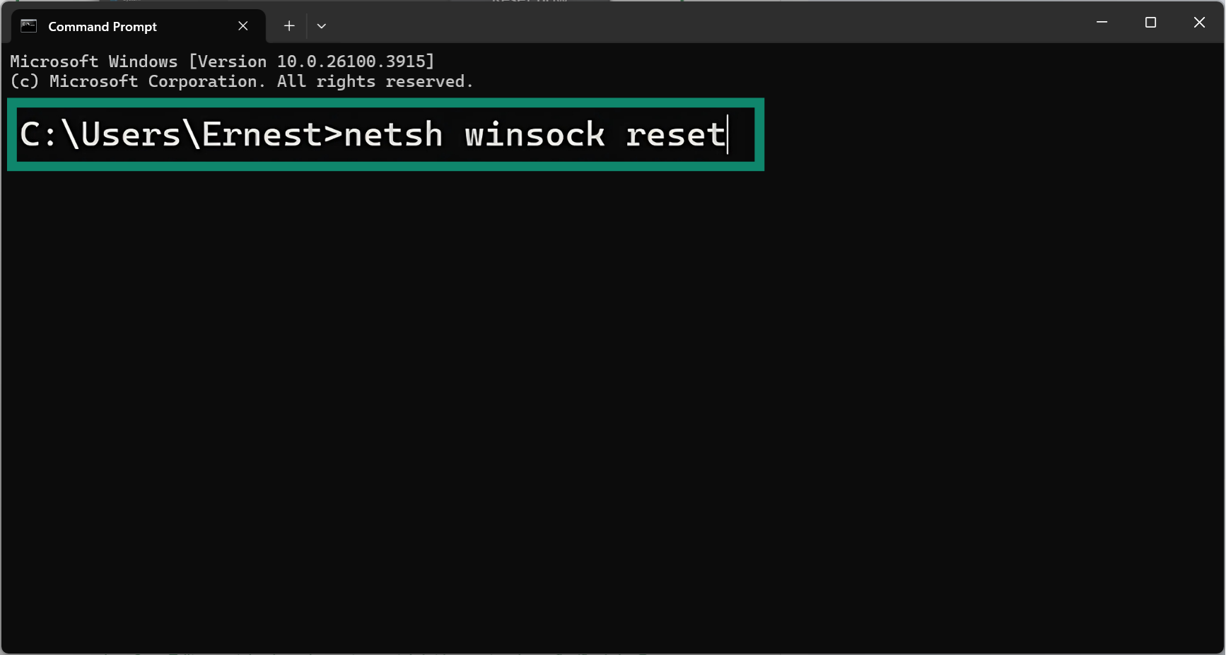 In the Command Prompt, type netsh winsock reset to start the network reset process.