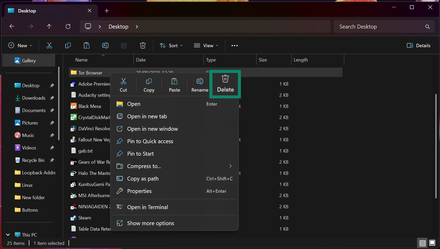 Windows 11 window showing all apps and folders in Desktop, with Tor browser folder and Delete option highlighted
