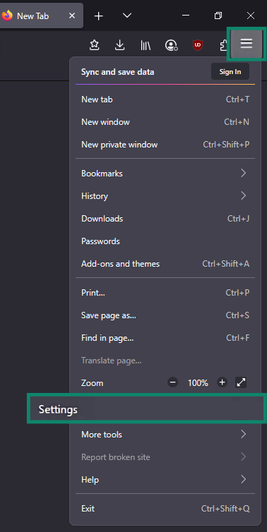 The Firefox browser showing the hamburger menu and the Settings option highlighted.