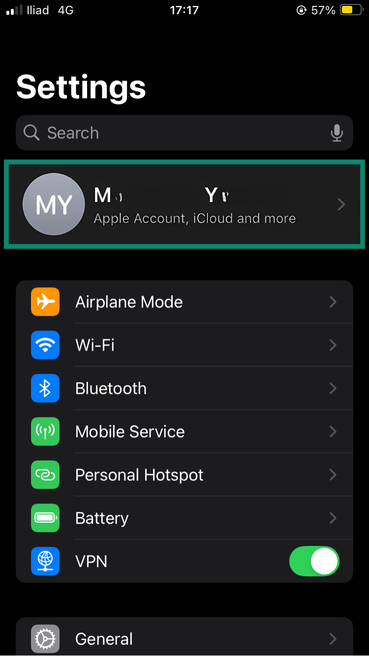 Apple's Settings menu, showing how to access an Apple Account.
