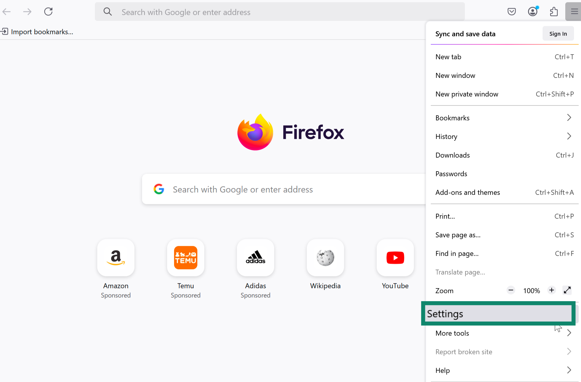 Firefox desktop browser showing expanded main menu with the Settings option highlighted for navigation.