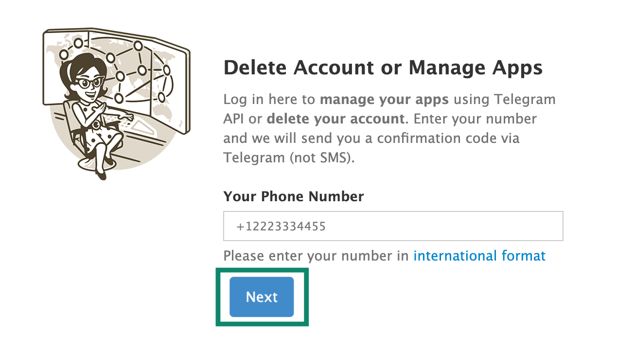 Enter the phone number associated with your Telegram account in an international format.