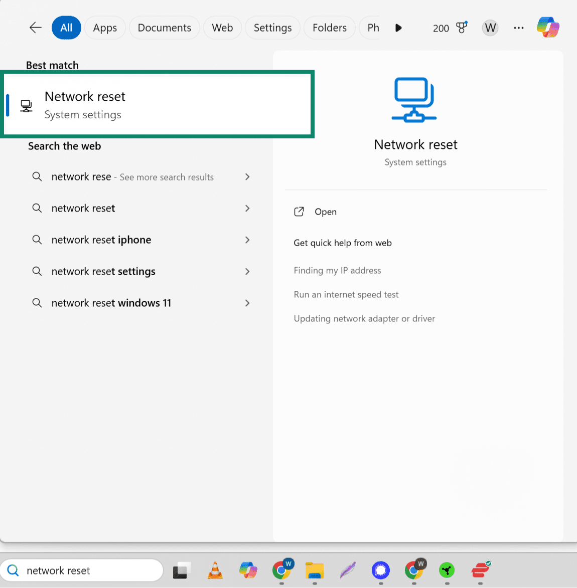 A Windows interface showing a search for network reset, with the result highlighted.